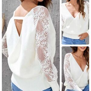 Gorgeous Lace sleeve, front and back V Dip crossover sweater